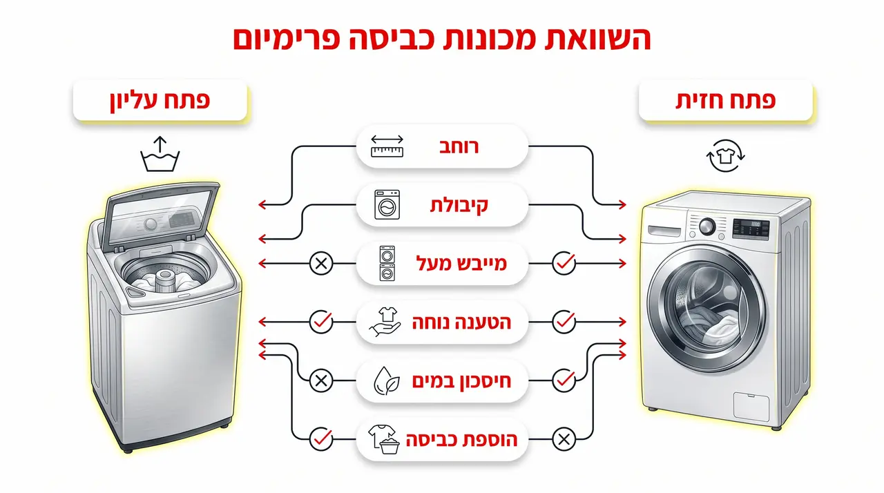 טבלת השוואה בין מכונת כביסה פתח חזית לפתח עליון