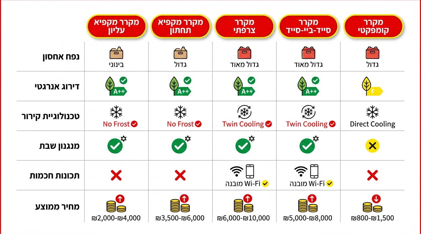 טבלת השוואת מקררים לפי סוג