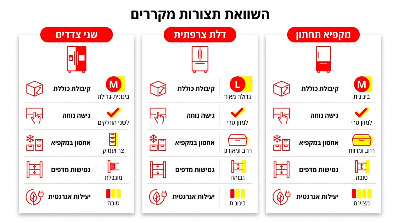השוואה בין תצורות מקרר — Side by Side, French Door ומקפיא תחתון