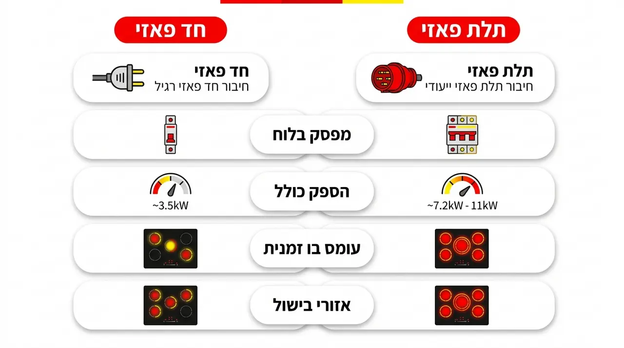ההבדל בין חיבור חד פאזי לתלת פאזי בכיריים אינדוקציה